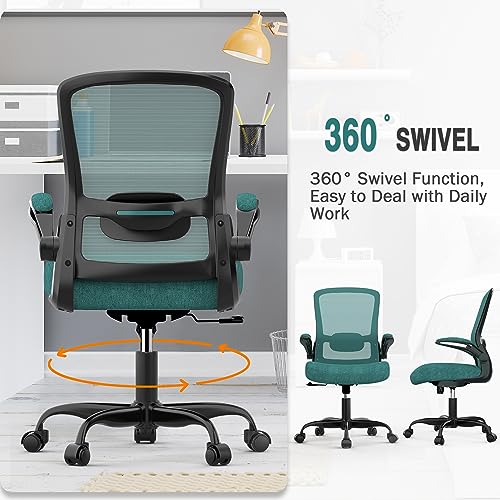 Ergonomic Office Chair w/Adjustable Lumbar, Flip Armrest, 135° Recline - color: Green