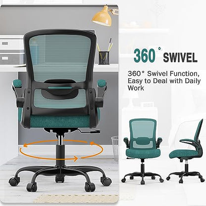Ergonomic Office Chair w/Adjustable Lumbar, Flip Armrest, 135° Recline - color: Green
