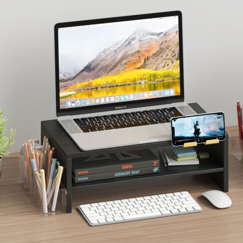 TEAMIX 2 Tiers Wood Monitor Stand Riser with Phone Holder & Side Pen Holder - color: Black, size: 15.7 x 9.5 x 5.7 inches