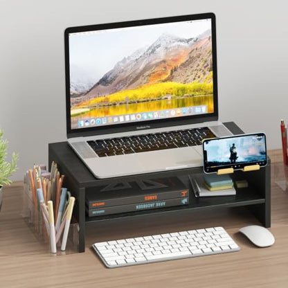 TEAMIX 2 Tiers Wood Monitor Stand Riser with Phone Holder & Side Pen Holder - color: Black, size: 15.7 x 9.5 x 5.7 inches