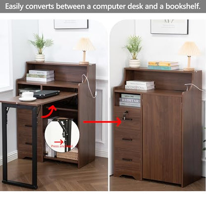 Fold Out Desk with Storage, Hidden Desk with Lockable Drawers & Shelves, Built-in Power Outlet,Folding Desk for Study and Home Office (Walnut) - color: Walnut