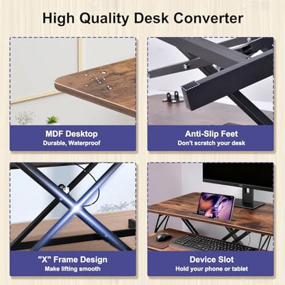 38-inch Standing Desk Converter Height Adjustable Sit to Stand Up Workstation, Duals Monitor and Laptop Riser with Wide Keyboard Tray, for Home, School, Company, Brown - color: Brown