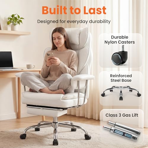 NEO CHAIR Big & Tall Leather Office Chair, High Back, Lumbar Support, White | Gaming Chair for Adults and Computer Use, Reclining Office Chair with Foot Rest, Massage, Comfy Design and Heavy Duty Support - color: White