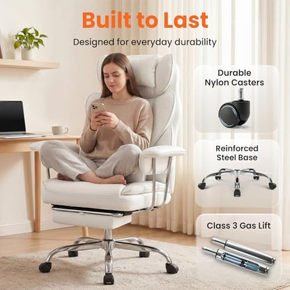 NEO CHAIR Big & Tall Leather Office Chair, High Back, Lumbar Support, White | Gaming Chair for Adults and Computer Use, Reclining Office Chair with Foot Rest, Massage, Comfy Design and Heavy Duty Support - color: White