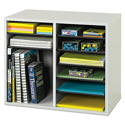 Safco Literature Organizer, 12 Compartments, Office and Classroom Mailbox with Adjustable Shelves, Wood Paper and Mail Sorter, Gray