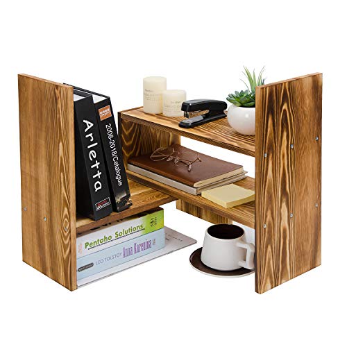 Adjustable Extendable Natural Wood Desktop Organizer Caddy Desk Organizer Countertop Shelf Bookcase Display Stand Rack Expandable Storage Office Home (Dark Brown)