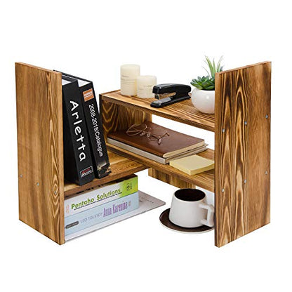 Adjustable Extendable Natural Wood Desktop Organizer Caddy Desk Organizer Countertop Shelf Bookcase Display Stand Rack Expandable Storage Office Home (Dark Brown)