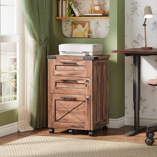 DEVAISE 3 Drawer Under Desk File Cabinet with Lock, Oak | Farmhouse Style, Mobile Drawer Storage Cabinet, Rolling Printer Stand, Fits A4 or Letter-Size, Home Office - color: Oak, style: 3 Drawer