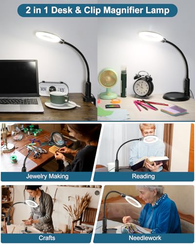 12X Magnifying Glass with Light and Stand, Real Glass, LED 5 Color Modes, Brightness Stepless Dimming Lighted Magnifier Hands Free with Flexible Gooseneck Desk Clamp Lamp for Close Work, Craft, Hobby - color: Black
