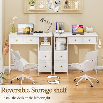 3IngSeagulls Small Computer Desk with 4 Fabric Drawers, Simple Writing Desk for Home Office, Compact Study Desks for Small Spaces, Kids Desk Study for Bedroom, White - color: White