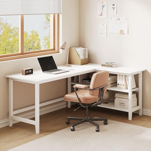IOTXY 63" Reversible L-Shaped Office Desk with Storage Shelves, White - color: White, size: 63-inch
