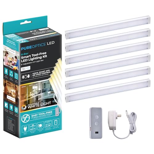 PureOptics LED Works with Alexa Smart Under Cabinet Lighting Kit, Adjustable LEDs, (6) 9" Bars, White - size: 9" 6-Bar
