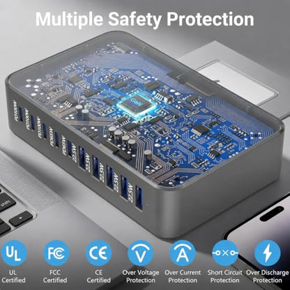 540W USB C Charger Block, 10 Port Charging Station USB Charger Block Double 100W Gan Laptop Fast Charging Compatible with MacBook Air/Pro, iPhone, iPad, Dell XPS, Samsung Galaxy Note - size: 540W