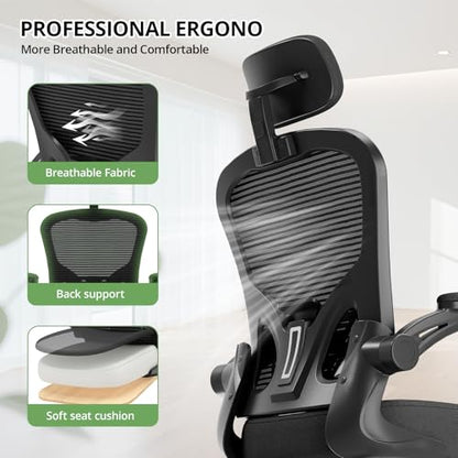 Office Chair Ergonomic Desk Chair, 330LBS Capacity, High Back Computer Chair for Long Hours Comfortable, Rolling Swivel Executive Task Chair for Home Office with Flip-up Armrests, Black - color: Black