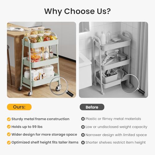 DUMOS 3 Tiers Rolling Utility Cart, Storage Organizer, Shelving Unit | Metal, Lockable Wheels, Mobile, Kitchen, Office, Bathroom, Laundry, Narrow Places, Light Green - color: 3-tier Green