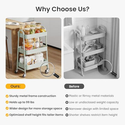 DUMOS 3 Tiers Rolling Utility Cart, Storage Organizer, Shelving Unit | Metal, Lockable Wheels, Mobile, Kitchen, Office, Bathroom, Laundry, Narrow Places, Light Green - color: 3-tier Green