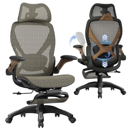 ELABEST X100 Ergonomic Mesh Office Chair with Footrest, Big and Tall Home Desk Chair with 5D Flip-Up Arms, Adjustable 3D Lumbar Support, Gaming & Executive Computer Chair (Coffee Break) - color: Coffee Break