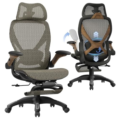 ELABEST X100 Ergonomic Mesh Office Chair with Footrest, Big and Tall Home Desk Chair with 5D Flip-Up Arms, Adjustable 3D Lumbar Support, Gaming & Executive Computer Chair (Coffee Break) - color: Coffee Break