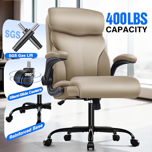 AreShark Office Chair - Executive High Back Breathable Comfy Desk Chair with Lumbar Support - Ergonomic Leather Rolling Swivel Computer Chair with Rock Function for Working Studying Gaming Relaxing - color: Khaki