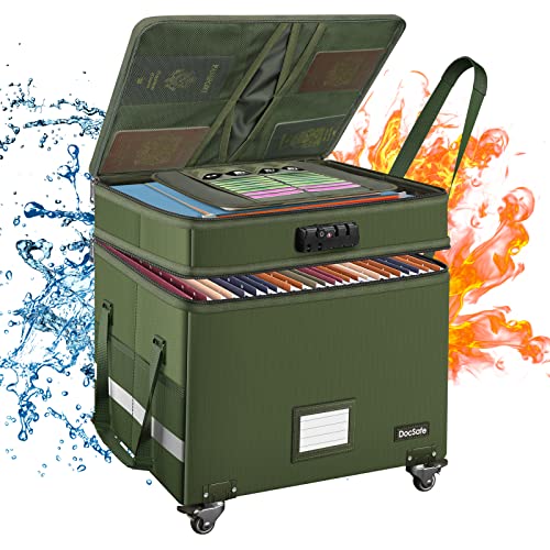 DocSafe File Box with Lock,2-Layer Fireproof Document Box with Wheels,Collapsible Rolling File Storage Organizer with Pockets,Large Portable Home Office Filing Cabinet Safe for Hanging Folders,Green - color: Green