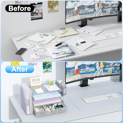 gianotter Desk Organizers and Accessories with File Holder, 4-Tier Desk Accessories & Workspace Organizers with Drawer and 2 Pen Holder, Paper Organizer for Office Supplies (Grey) - color: Grey, size: 4T
