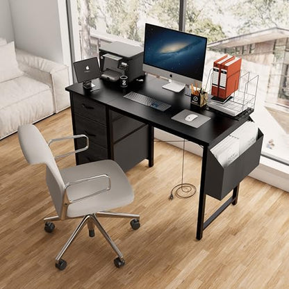 47.3" Office Desk with Power Outlet & 3 Drawers - Sturdy Reversible Frame, Side Pocket, Easy Assembly - Home/Office Computer Desk, Gaming Table, Vanity Table (Black + MDF+Metal + Modern) - color: Black + Mdf+metal + Modern