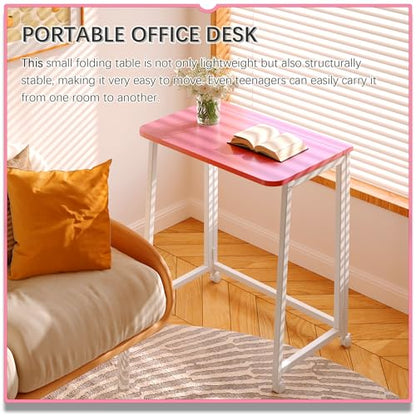 4NM 23.6" Mobile Small Folding Desk, Foldable Rolling Computer Home Office Desk, Study Writing Table for Small Space Saving Bedroom, with Wheels - Pink and White - color: Pink and White, size: 23.6"W x 15.7"D