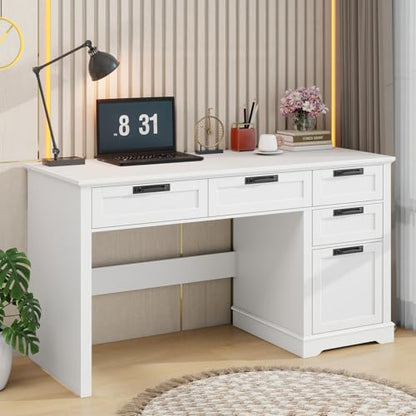 Halitaa 55" Farmhouse Home Office Desk with File Drawer, Executive Computer Desk with 4 Storage Drawers, Rustic Computer Desk for Working, Studying, Writing（White