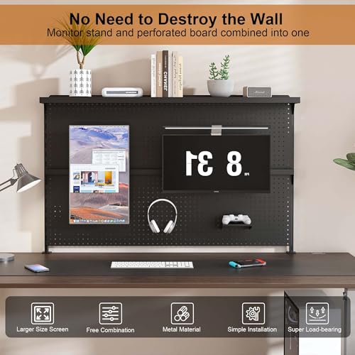 Metal Pegboard Desk Organizer with Dual Monitor Stand, 59x35 Inch Clamp-On Privacy Panel, Carbon Steel Gaming Desk Wall Organizer with 3 Accessories, Black Office Desk Storage System