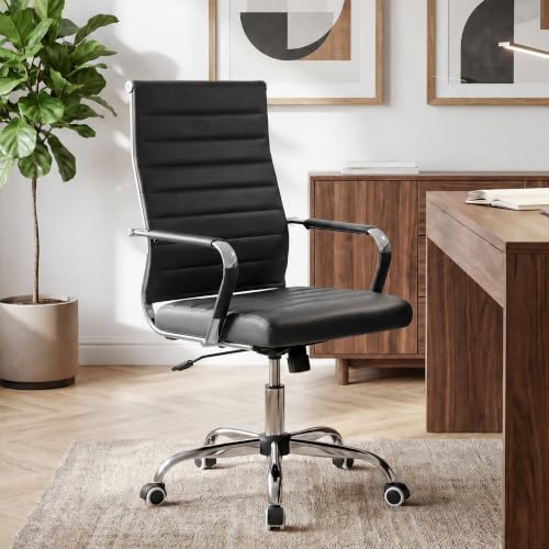 Okeysen Ergonomic Office Desk Chair, Modern PU Leather Conference Room Table Chairs Ribbed, High Back Executive Swivel Rolling Chair for Home, Office - color: Black