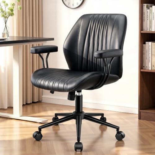 Leather Office Chair with Removable Armrests, Mid Back Ergonomic Desk Chair with Lumbar Support, Adjustable Height Rocking Swivel Executive Chair for Home Office, Black - color: Black