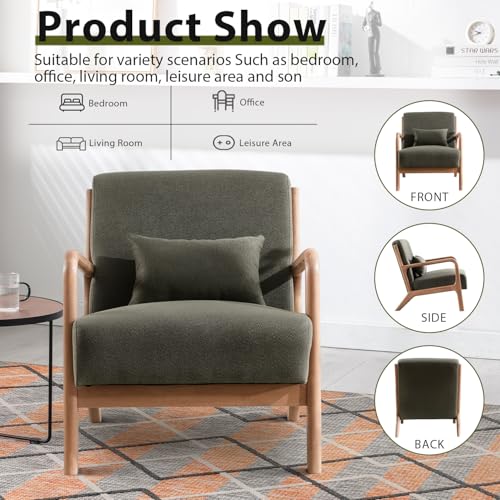INZOY Mid Century Modern Accent Chair with Wood Frame, Upholstered Living Room Chairs with Waist Cushion, Reading Armchair for Bedroom Sunroom (Green) - color: A-blackish Green