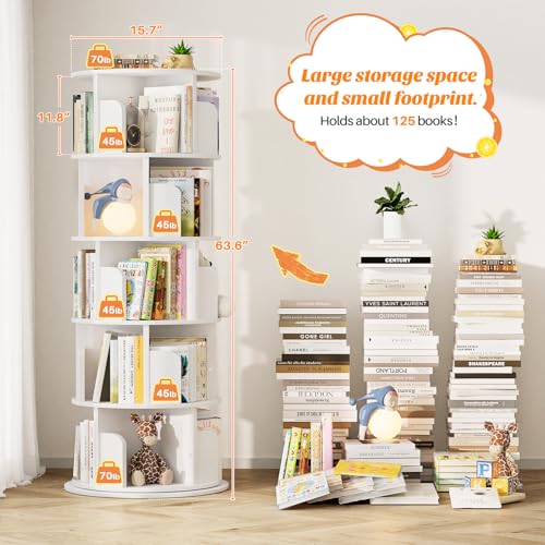Aheaplus 5 Tier Wood Rotating Bookshelf, 360° Spinning Book Shelf Tower - color: White, size: 5-Tier