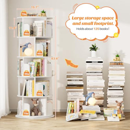 Aheaplus 5 Tier Wood Rotating Bookshelf, 360° Spinning Book Shelf Tower - color: White, size: 5-Tier