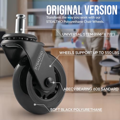 Stealtho Original Office Chair Wheels Set of 5 - Protect Hardwood Floor & Carpet - Heavy Duty Replacement Casters - Black Soft Polyurethane - Standard Fit 7/16" x 7/8" - color: Black