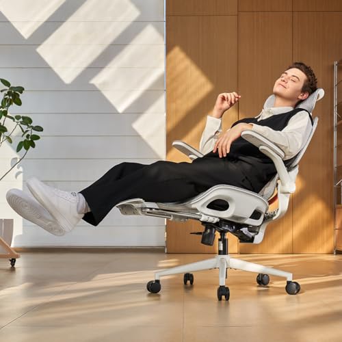 SIHOO B100 PRO Ergonomic Office Chair with Footrest, Mesh Office Chair with Adaptive Lumbar Support, Computer Chair with Wide Headrest, Desk Chair with 360° Rotatable Flip-Up Armrests, Grey - color: Light Grey