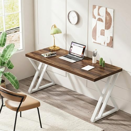 Tribesigns Modern Walnut/White 55" Heavy Duty Computer Desk, Study & Work Desk, 23.6"D x 55.1"W x 29.5"H, Z-Shaped Metal Legs, 330 lbs Capacity - color: Walnut/White