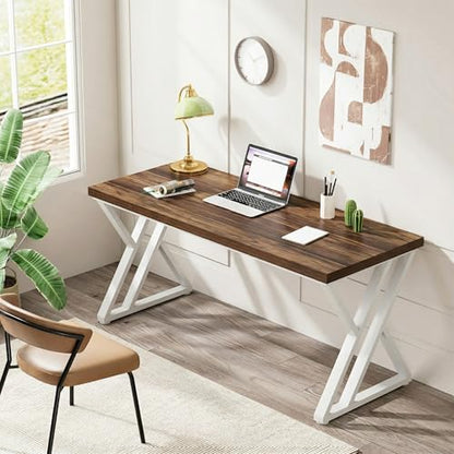 Tribesigns Modern Walnut/White 55" Heavy Duty Computer Desk, Study & Work Desk, 23.6"D x 55.1"W x 29.5"H, Z-Shaped Metal Legs, 330 lbs Capacity - color: Walnut/White