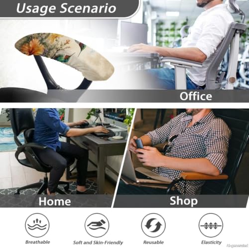 Office Chair Arm Covers Set of 2, Hummingbird Hibiscus Printed Removable Stretchable Gaming Chair Arm Rest Slipcovers, Dust-Proof Soft Elastic Computer Chair Armrest Covers, Home Decor - color: Beige and Green - Hummingbird Hibiscus
