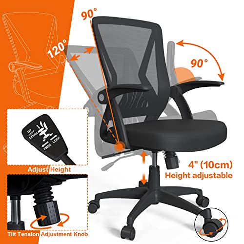 Mesh Office Chair Ergonomic Mid Back Swivel Black Mesh Desk Chair Flip Up Arms with Lumbar Support Computer Chair Adjustable Height Task Chairs
