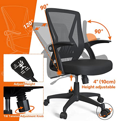 Mesh Office Chair Ergonomic Mid Back Swivel Black Mesh Desk Chair Flip Up Arms with Lumbar Support Computer Chair Adjustable Height Task Chairs