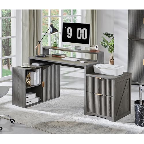 67"Modern Desk with Cabinet & 2 Drawers, Fluted Office Desk Built‑in Outlet - color: Grayish Green, size: 33"D x 67"W x 35.5"H