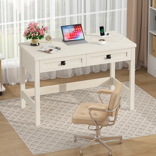 39 Inch Farmhouse Small Computer Desk with Drawers for Bedroom, Home Office - color: White