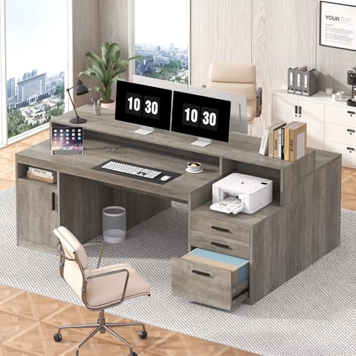 YOMILUVE 65" Computer Desk with 3 Drawers & Printer Shelf for Home Office - color: Grey