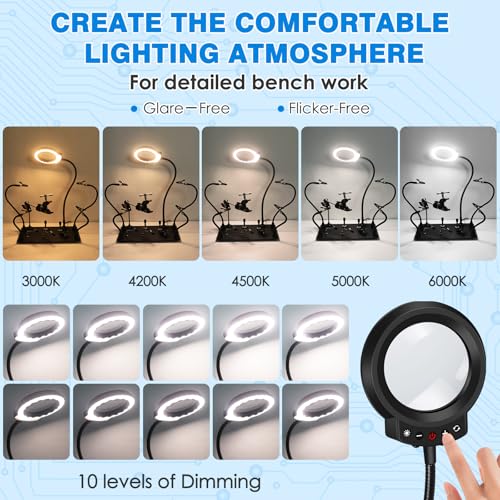 Magnetic Helping Hands Soldering Station with 5X LED Magnifying Lamp, 6 Flexible Arms, 360° Soldering Clamp, Heavy Duty Base, Magnetic Third Hand Tool for Precision Soldering, Electronics & DIY
