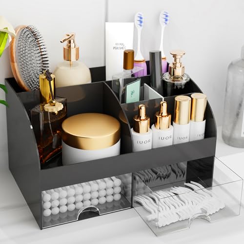 Makeup Organizer with Drawers, Cosmetic Storage for Dresser Vanity and Bathroom Countertop, Beauty Holder for Lipstick Brush, Skincare Organizer for Vanity, Cosmetic Display Case (Black) - color: Black