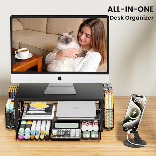 Desk Organizer and Accessories with Cellphone Holder, Height Adjustable 2-Tier Computer Monitor Stand Riser with Drawer and 2 Pen Holders,Office Desk Accessories for Office Supplies, Black