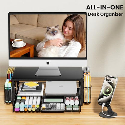 Desk Organizer and Accessories with Cellphone Holder, Height Adjustable 2-Tier Computer Monitor Stand Riser with Drawer and 2 Pen Holders,Office Desk Accessories for Office Supplies, Black