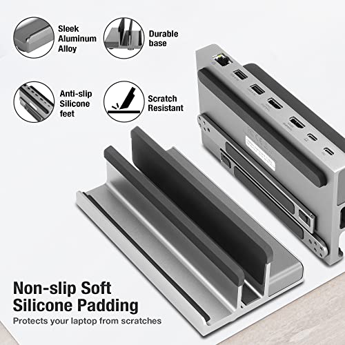 7 Port USB-C 14” Laptop Stand with Dual Display Docking Station | Tablet Holder Hub, Vertical Storage Desk Organizer/ HDMI 8K30Hz, USB-A 5Gbps, Ethernet 1Gbps, 100W Power Delivery, Space Gray