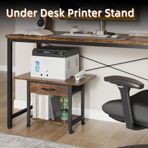 YAOHUOO 22"x15" Large Printer Stand with Drawer, 2-Tier Rolling Table Cart - color: Rustic Brown, size: 2-Tier